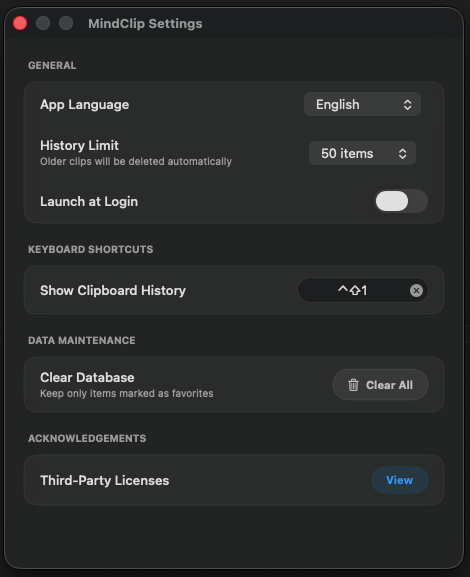 MindClip Preferences settings